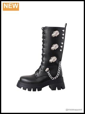 Mid Calf Combat Boots Faux Leather Side Zip Punk Skull Chain Shoes